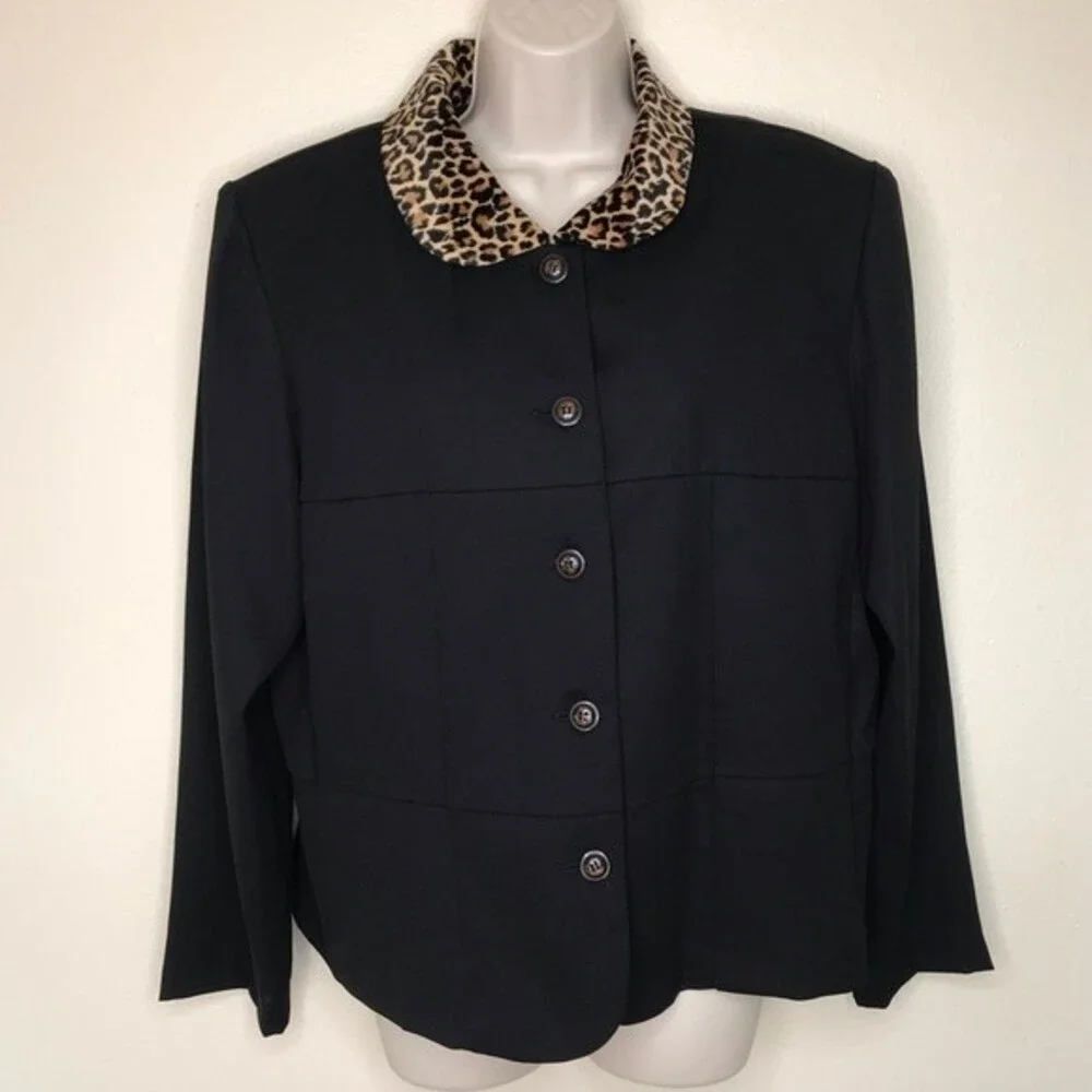 Sag Harbor Leopard Collar Black Button Up Unlined Jacket Long Sleeve Women 16